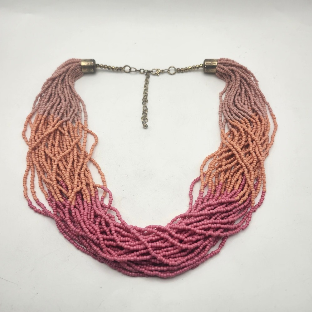 Pink Terracotta Mauve Ombre Seed Bead Multi Strand Boho Bib Statement Necklace